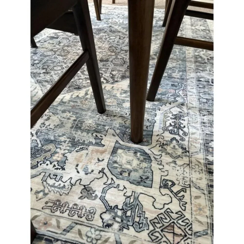New 5x7 Light Blue Vintage Boho Rug, Washable Soft Low Pile Non-Slip Carpet